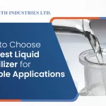 A close-up of a clear liquid being poured from a glass container into a laboratory flask, representing liquid stabilizers for flexible PVC applications. The image includes the Faith Industries Ltd. logo and the blog title 'How to Choose the Best Liquid Stabilizer for Flexible Applications' in a professional design layout.